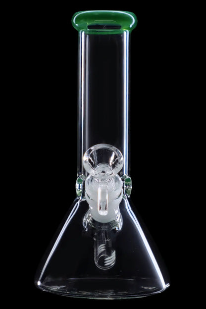 Clear glass bong with green accents, isolated on a black background.
