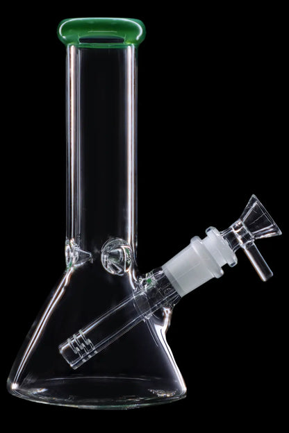 Clear glass bong with green accents against a black background.