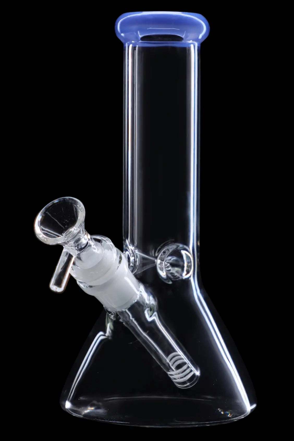 Clear glass bong with a flared base and blue accent on the mouthpiece.