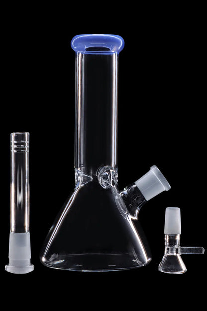Clear glass bong with detachable downstem and bowl, isolated on a black background.