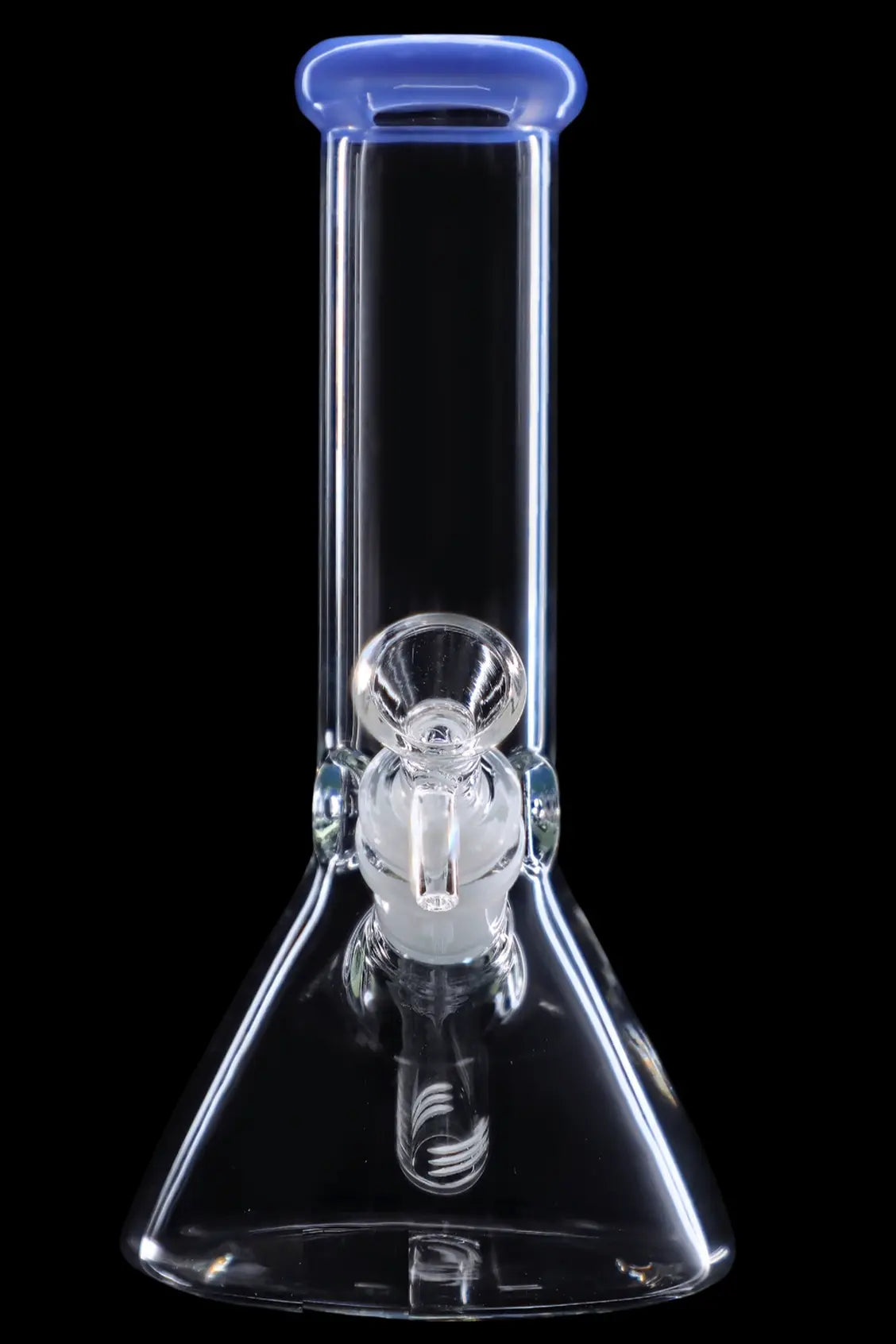 Clear glass bong with blue accents, isolated on black.