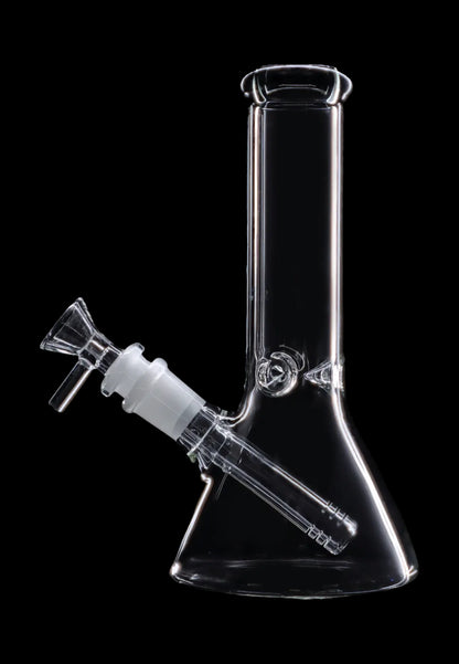 Clear glass bong with removable downstem and bowl against a black background.