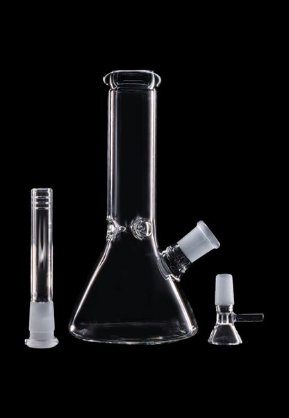 Clear glass bong with downstem and diffuser displayed against a black background.