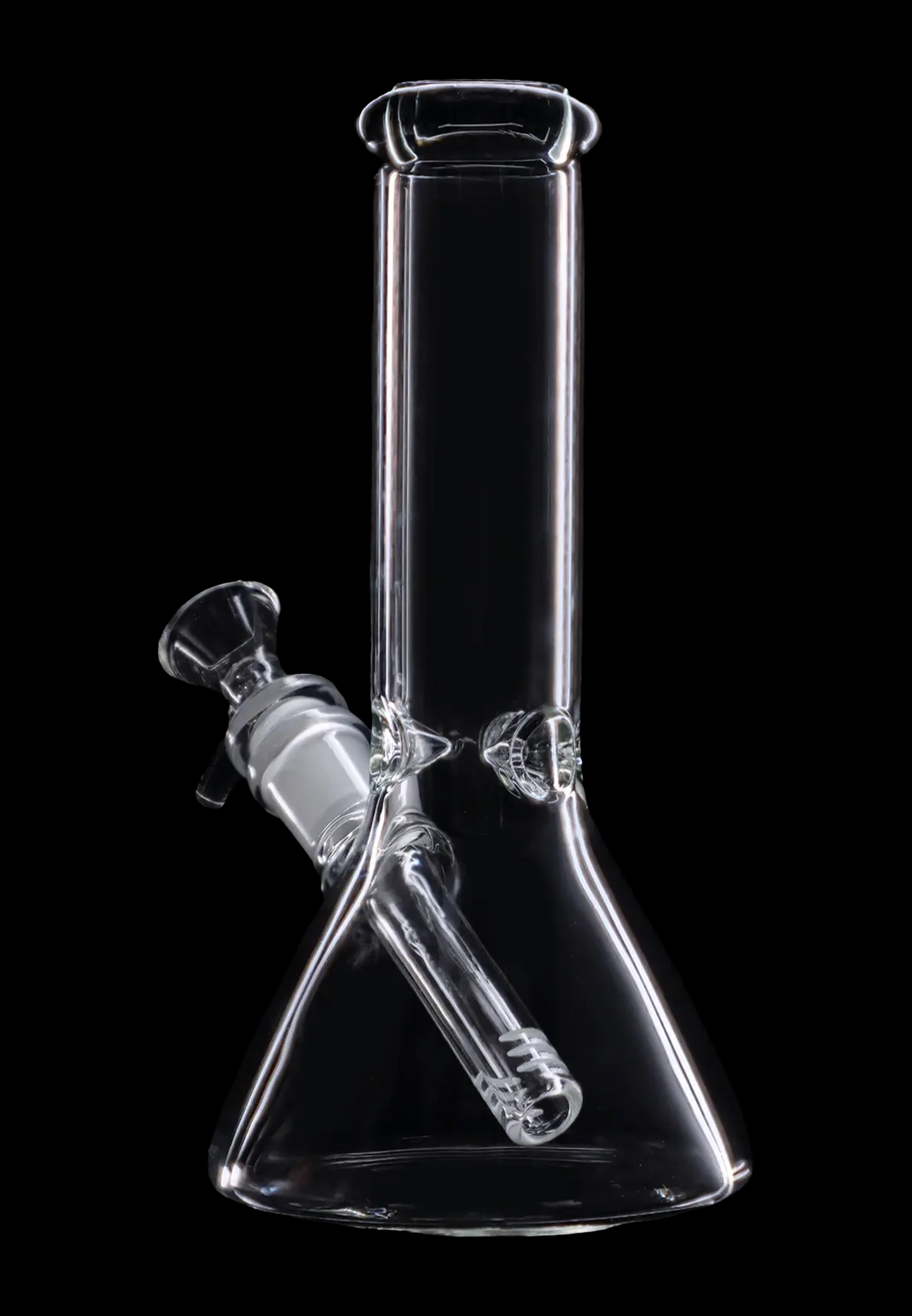 Clear glass bong against a black background.
