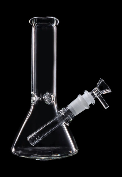 Clear glass bong with a downstem, isolated on a black background.