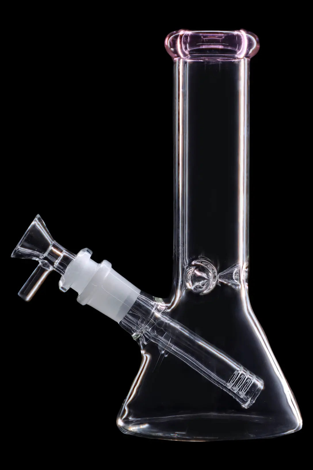 Clear glass bong with a flared base and angled neck, isolated on a black background.