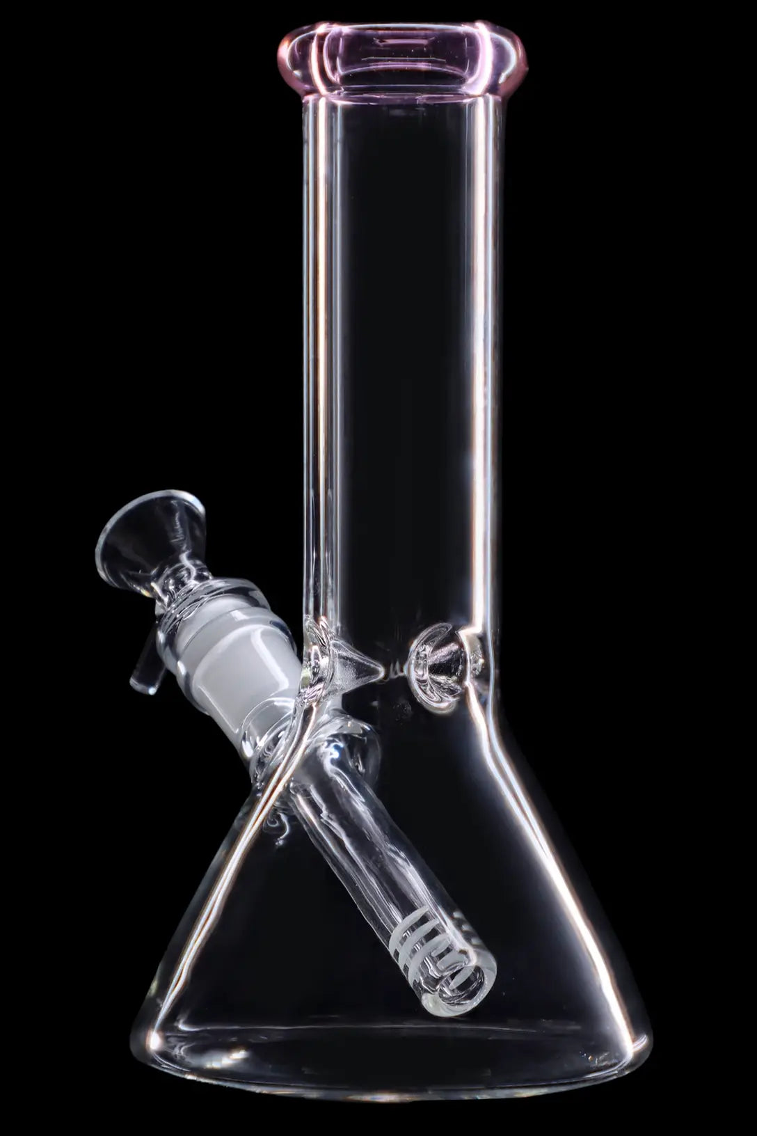 Clear glass bong with a diffused downstem, isolated on a black background.