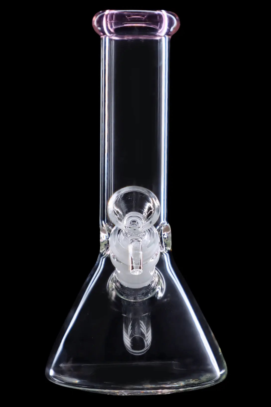 Clear glass bong with intricate bubble perc filter, isolated on black.