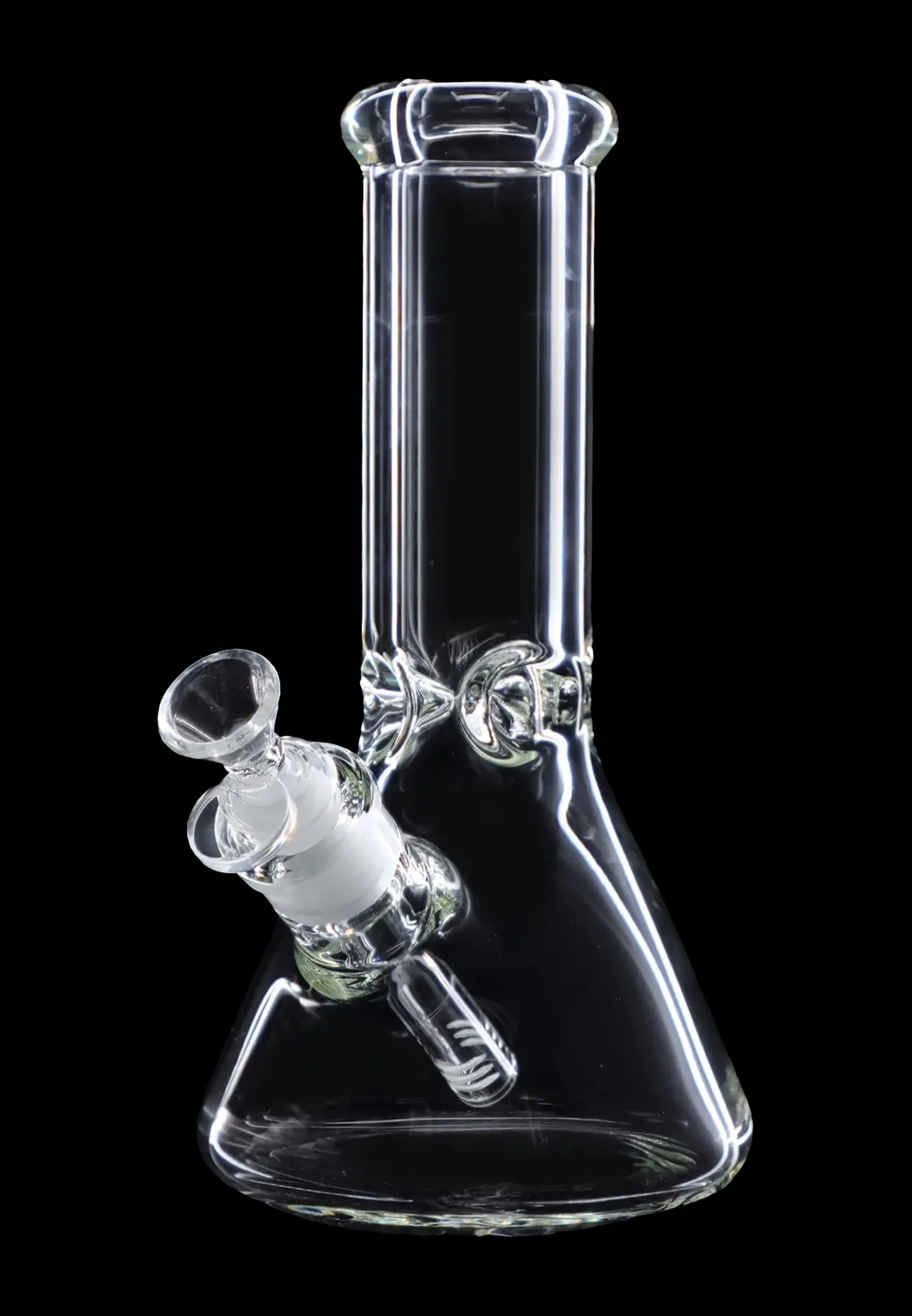 Clear glass bong with ice catcher, isolated on black.