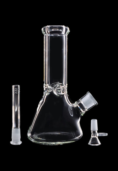 Clear glass bong with downstem and bowl piece displayed on a black background.