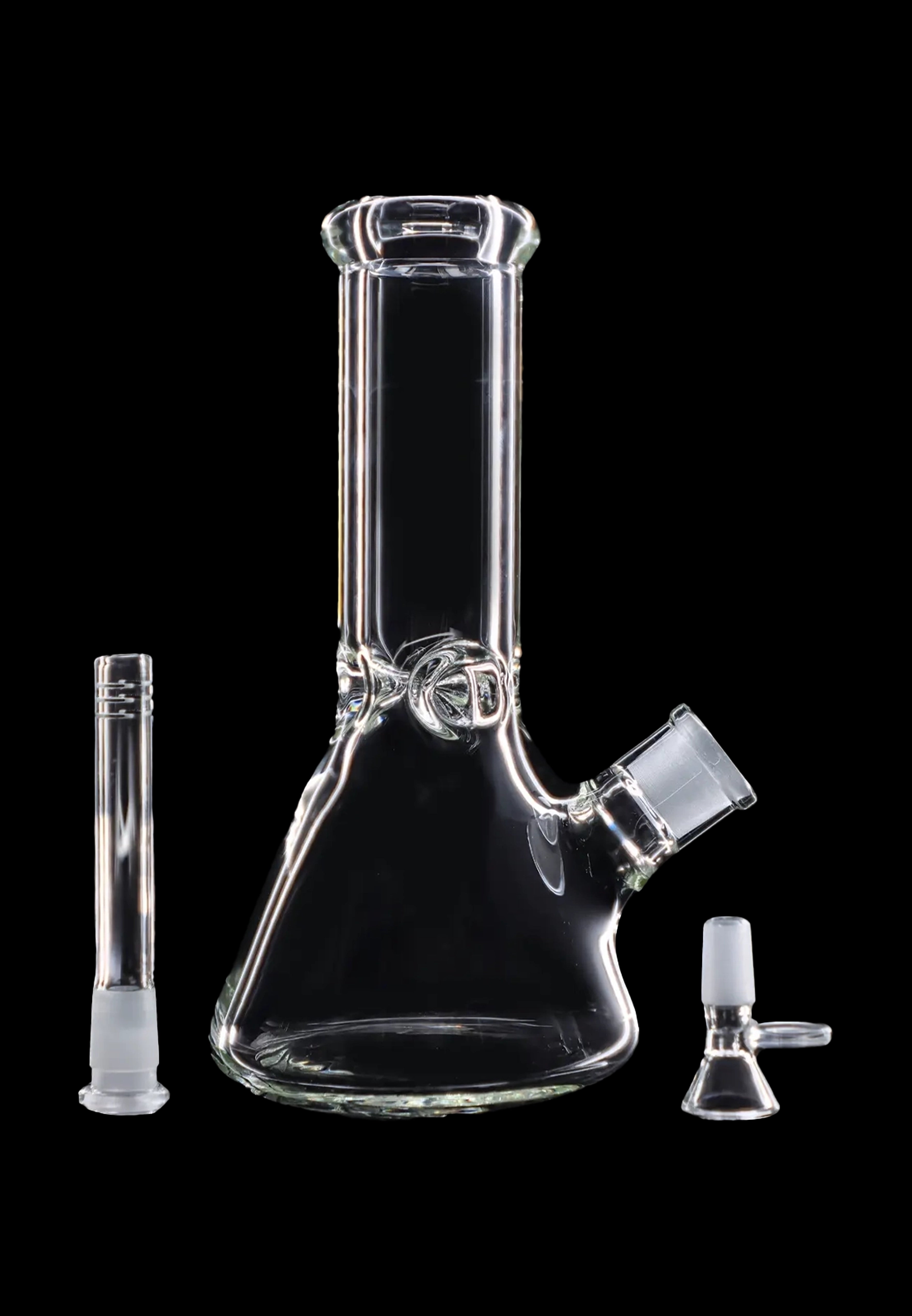 Front view of the 10" 5mm Ice Pinch Beaker, a clear glass beaker with a simple, clean design against a black background.