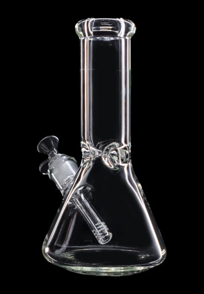 Front view of the 10" 5mm Ice Pinch Beaker, showcasing the clear glass and beaker shape against a dark background.