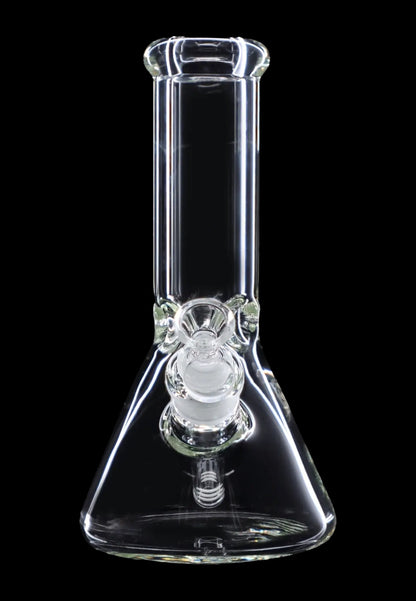 A straight-on view of the 10" 5mm Ice Pinch Beaker, showcasing its clear glass construction and simple beaker shape.