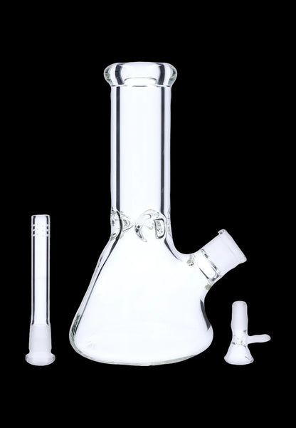 Glass bong with downstem and bowl piece.