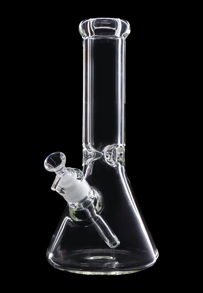 Clear glass bong with a downstem and bowl against a black background.