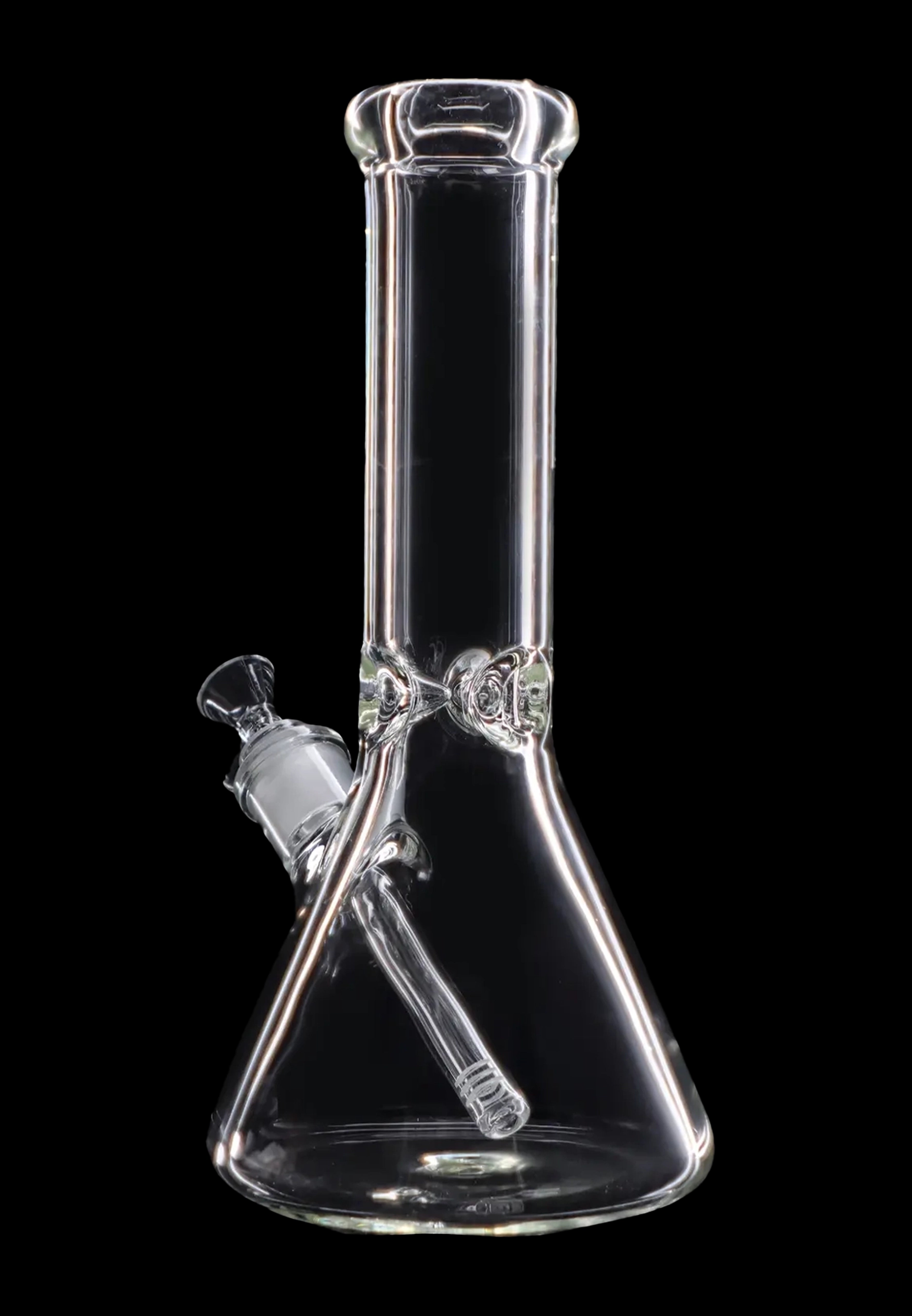Clear glass bong with a flared base and angled neck, isolated on a black background.