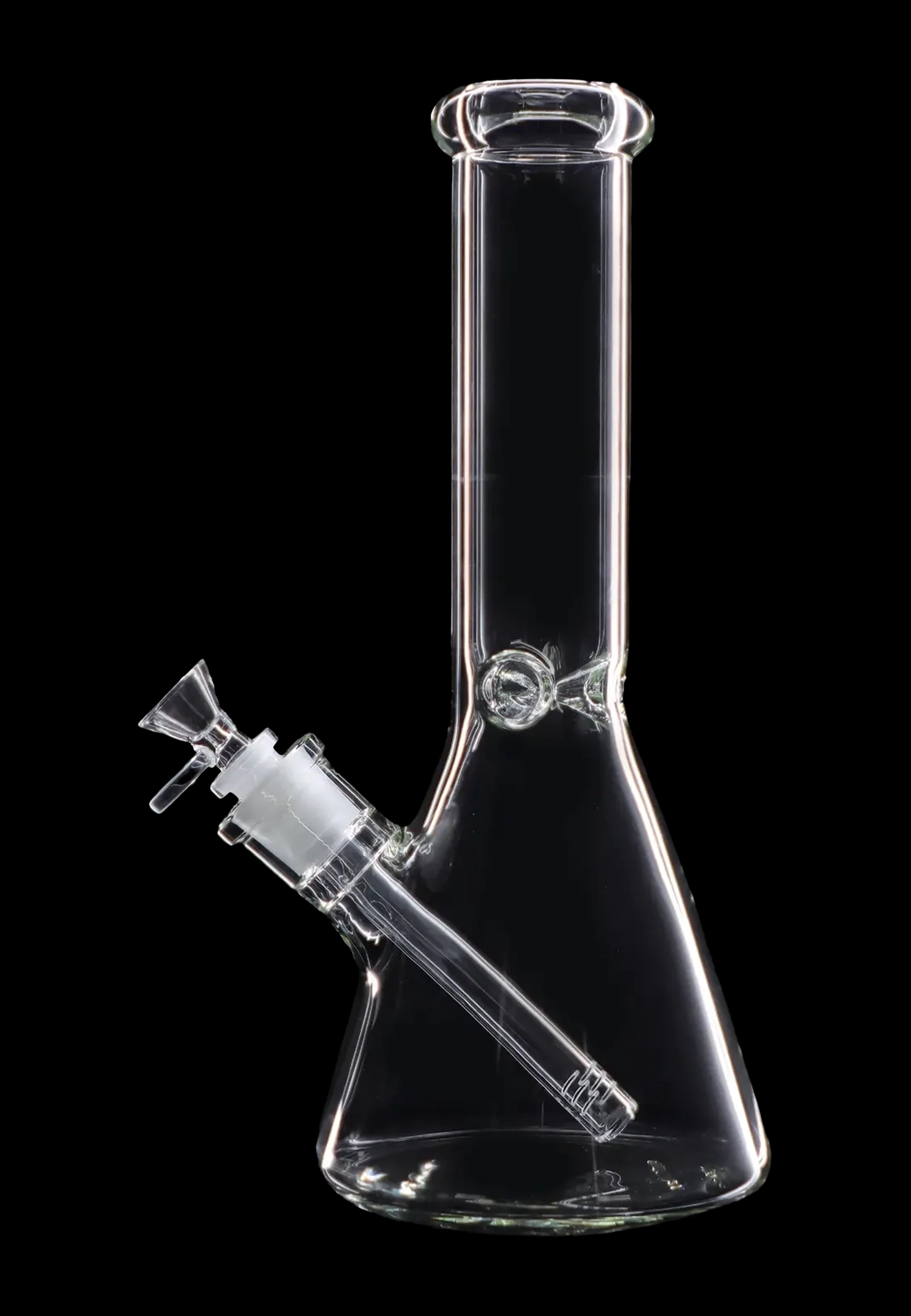 Clear glass bong with ice catcher, isolated on black.