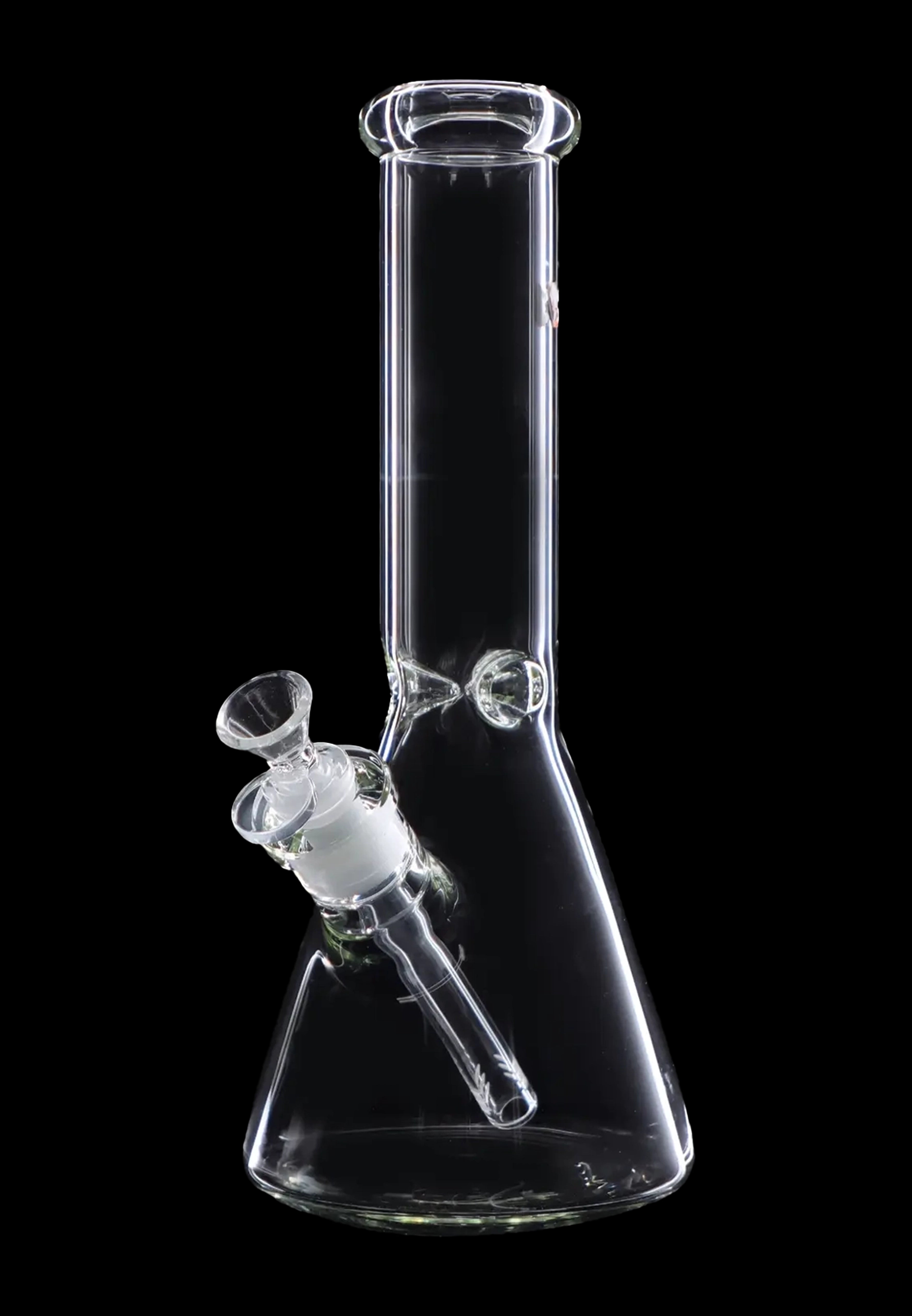 Clear glass bong against a black background.