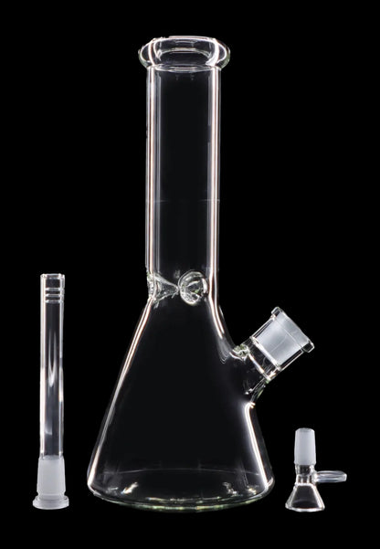 Clear glass bong with downstem and bowl, displayed with a separate glass tube.