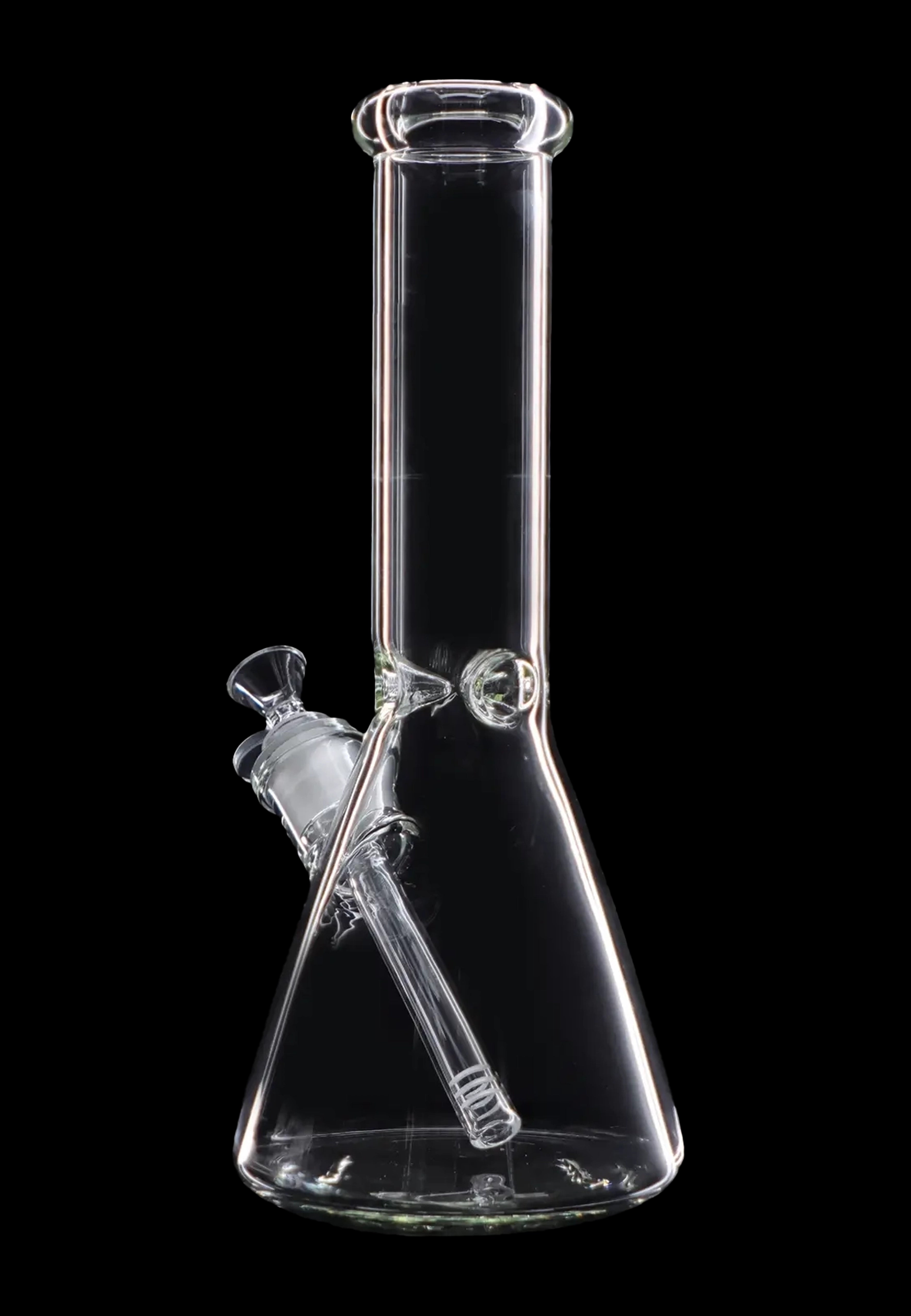 Clear glass bong against a black background.