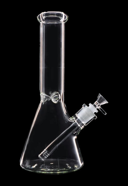 Clear glass bong with a flared base and downstem against a black background.