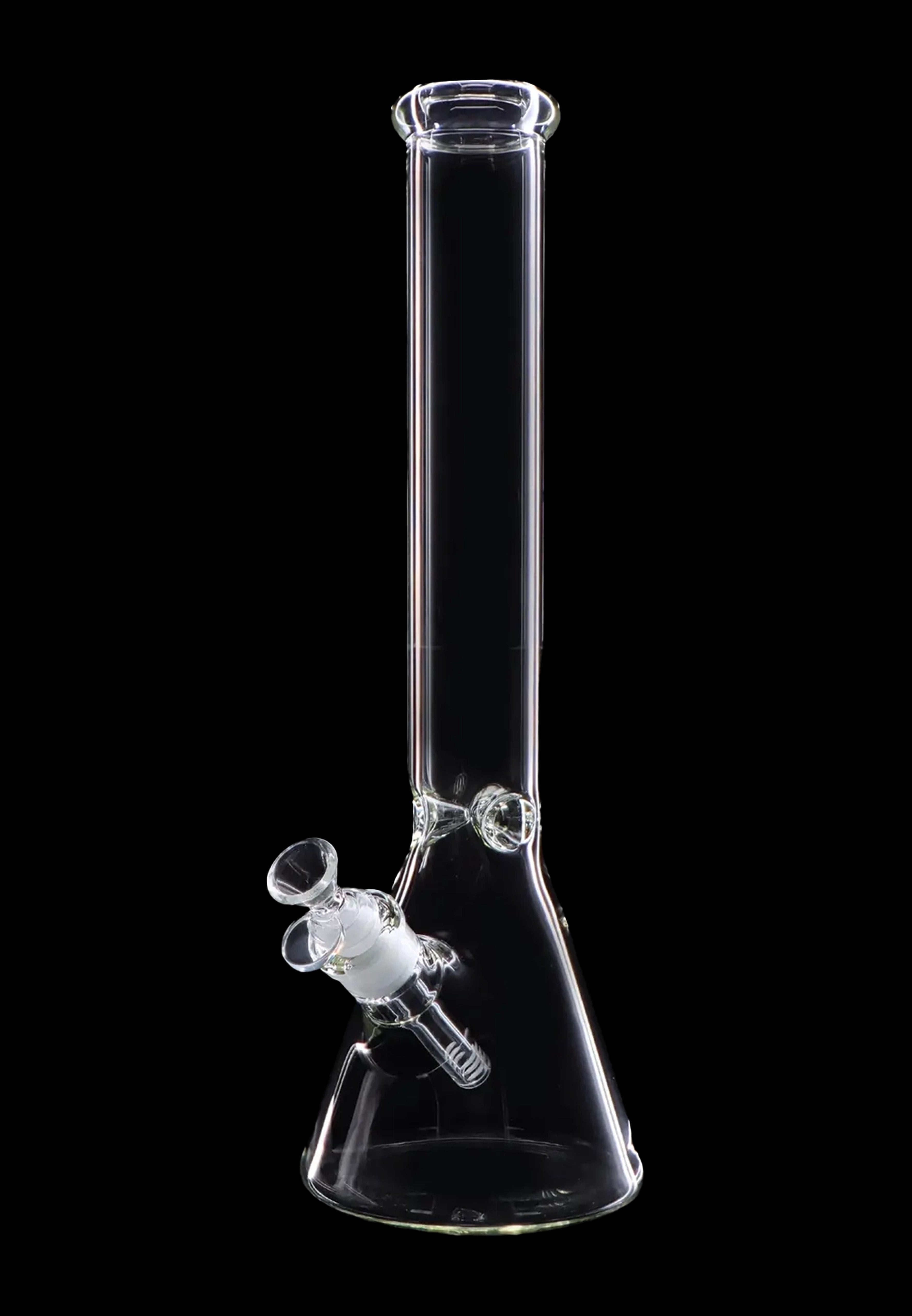 Clear glass bong against a black background.