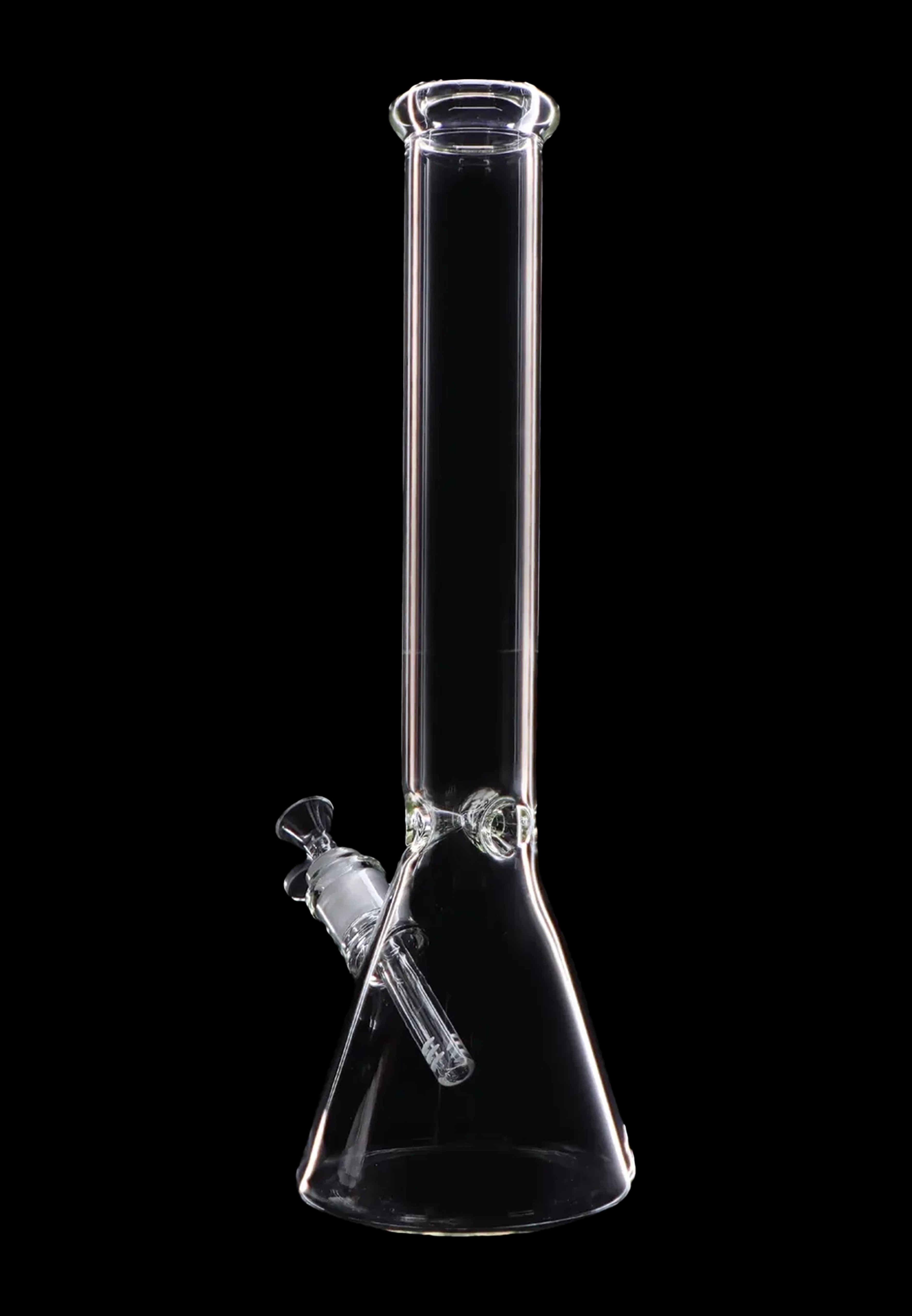 Clear glass bong against a black background.