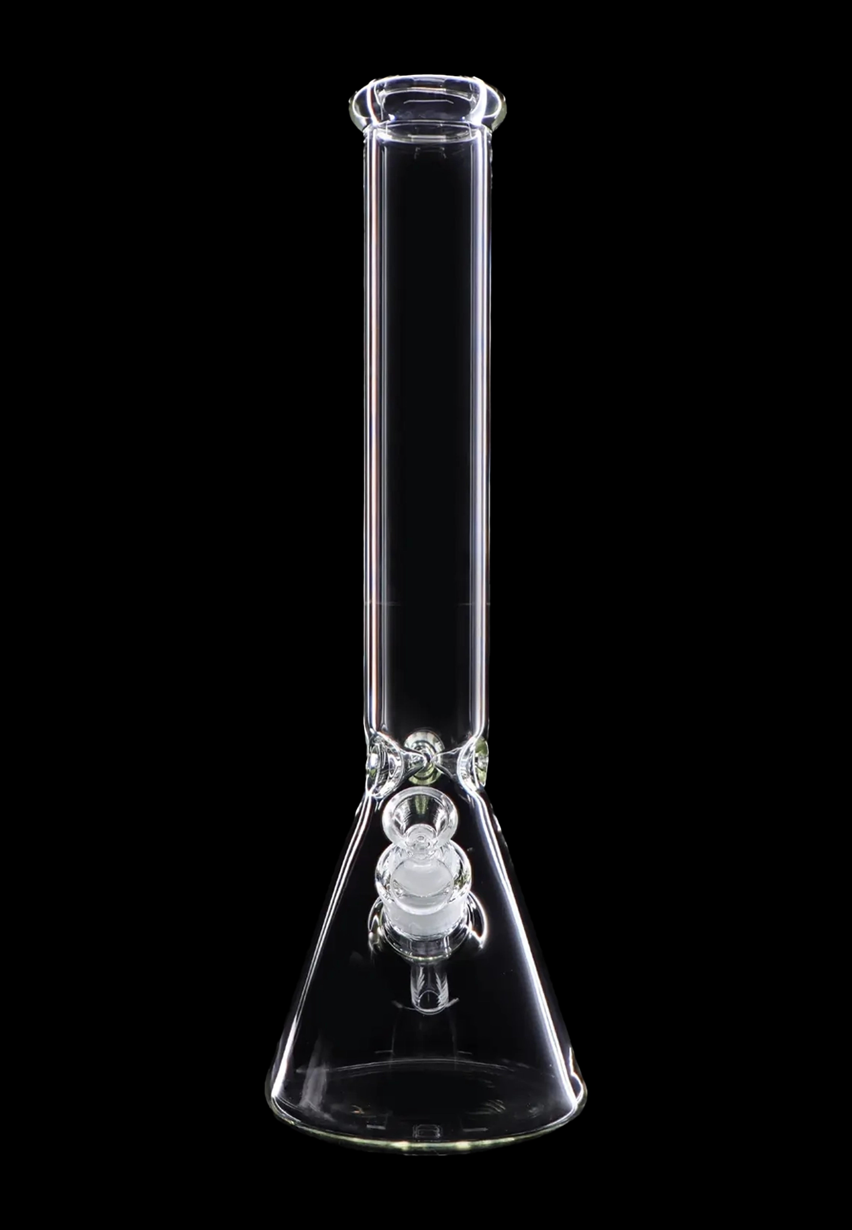 Clear glass bong against a black background.