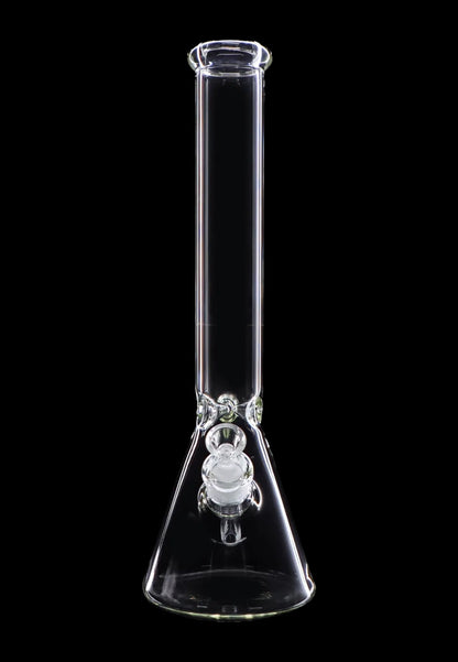 Clear glass bong against a black background.