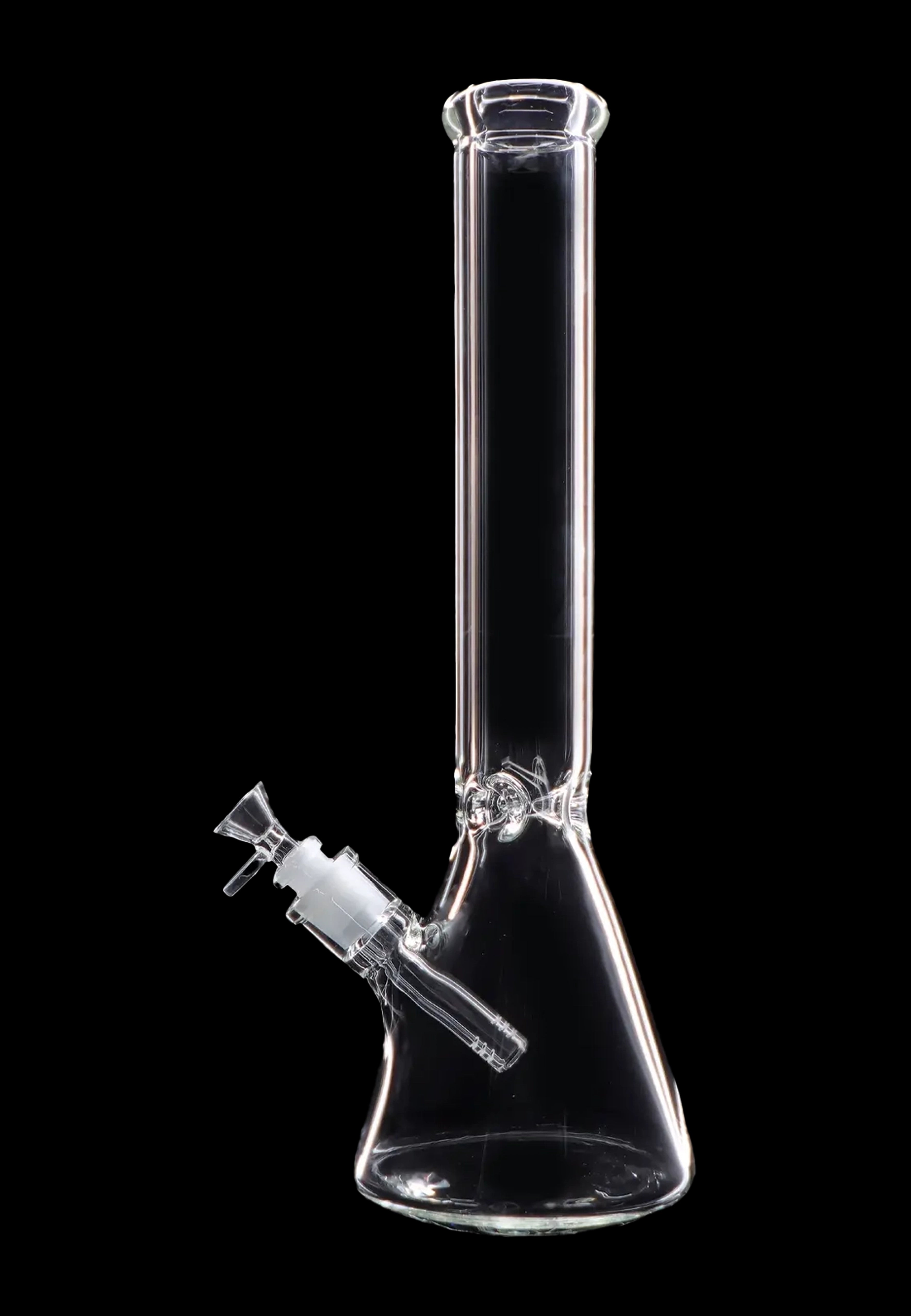 Clear glass bong against a black background.
