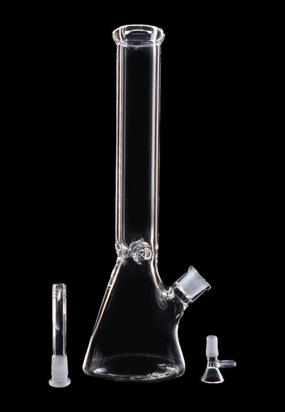 Clear glass bong with downstem and bowl displayed on a black background.