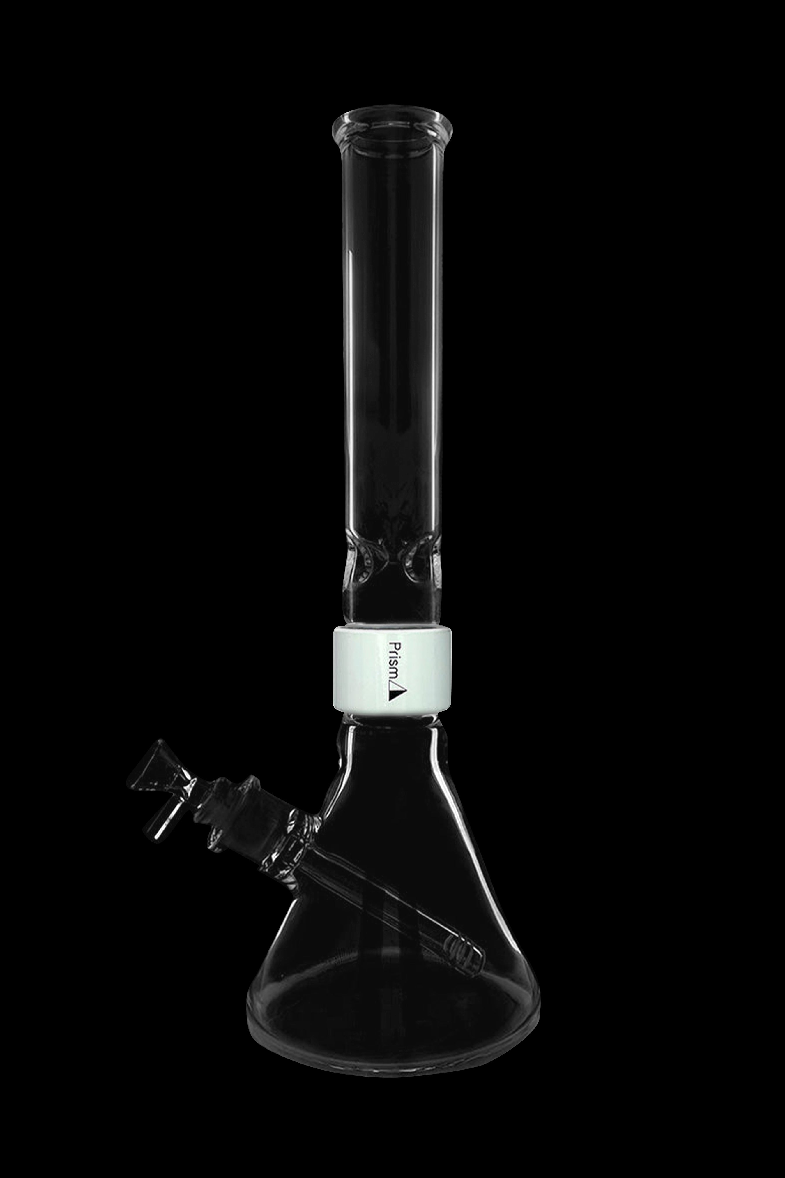 Clear glass bong with ice catcher and branded neck.
