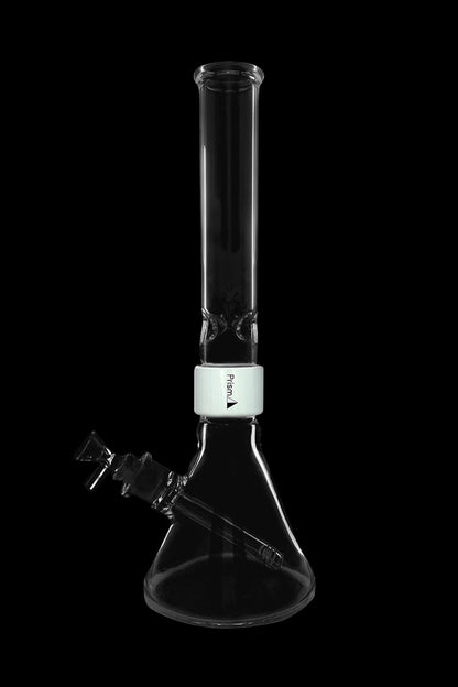 Clear glass bong with ice catcher and branded neck.