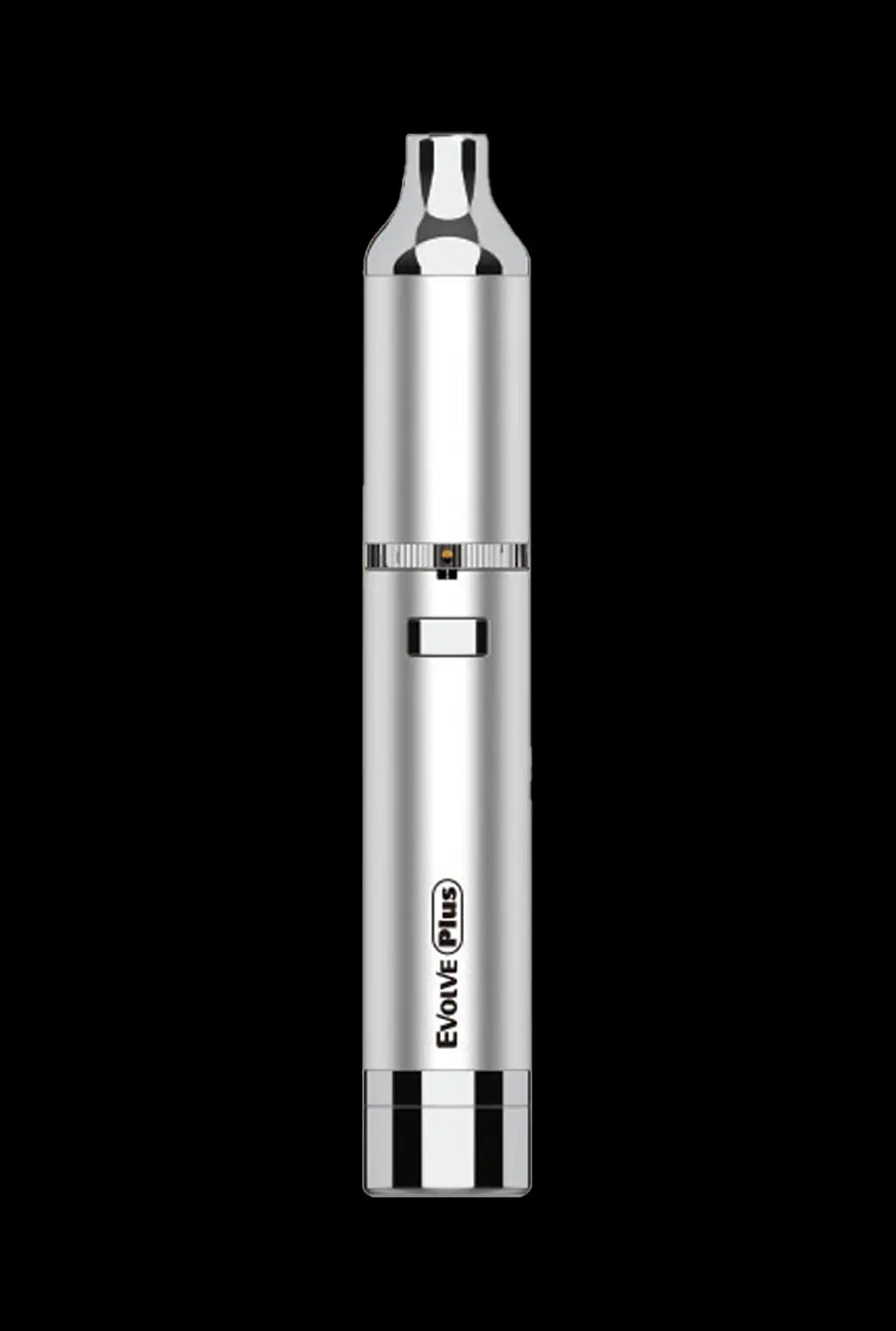 Centered front view of a chrome Yocan Evolve Plus (2020) pen-style vaporizer against a black background, showing its mouthpiece, power button, and engraved logo.