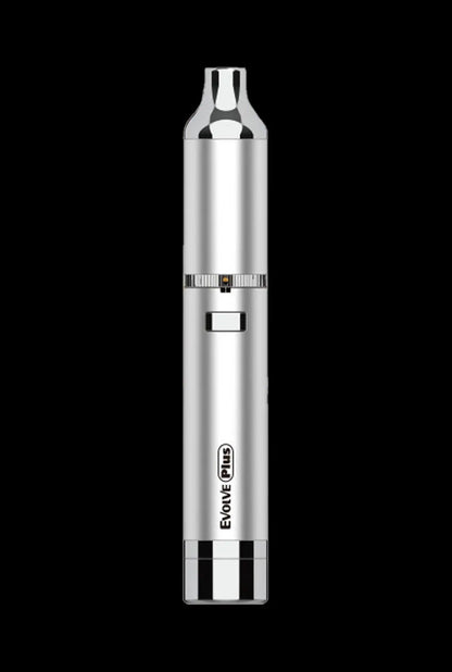 Centered front view of a chrome Yocan Evolve Plus (2020) pen-style vaporizer against a black background, showing its mouthpiece, power button, and engraved logo.