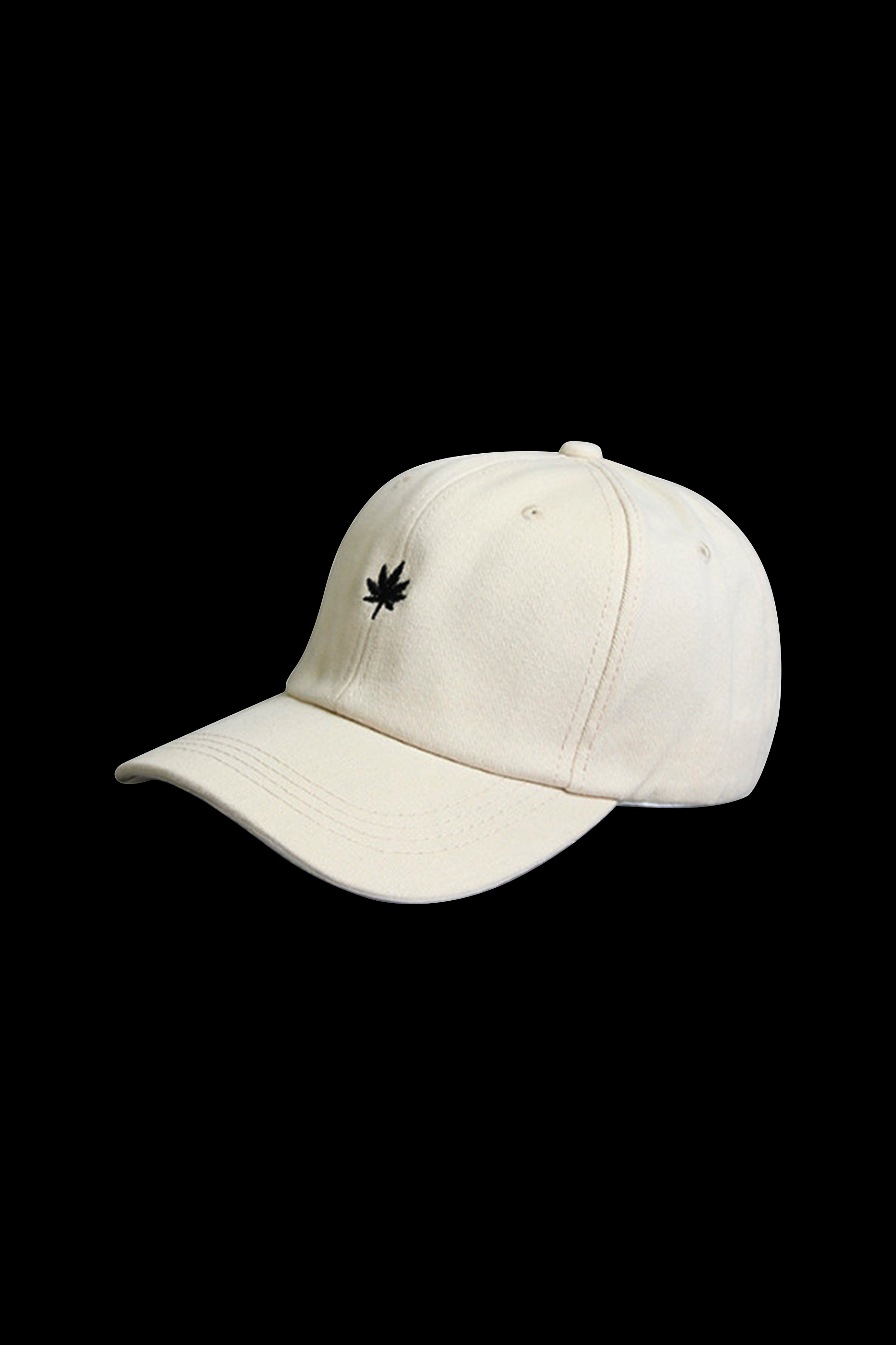 Cream-colored baseball cap embroidered with a black cannabis leaf.