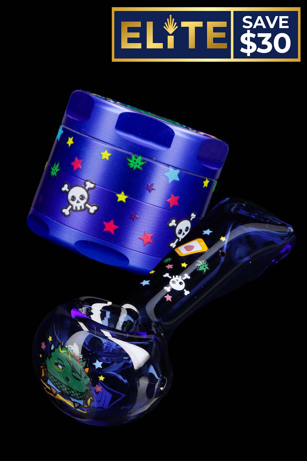 Blue and purple glass cannabis water pipe and grinder with skull and star details, advertised with a "$30" savings offer.
