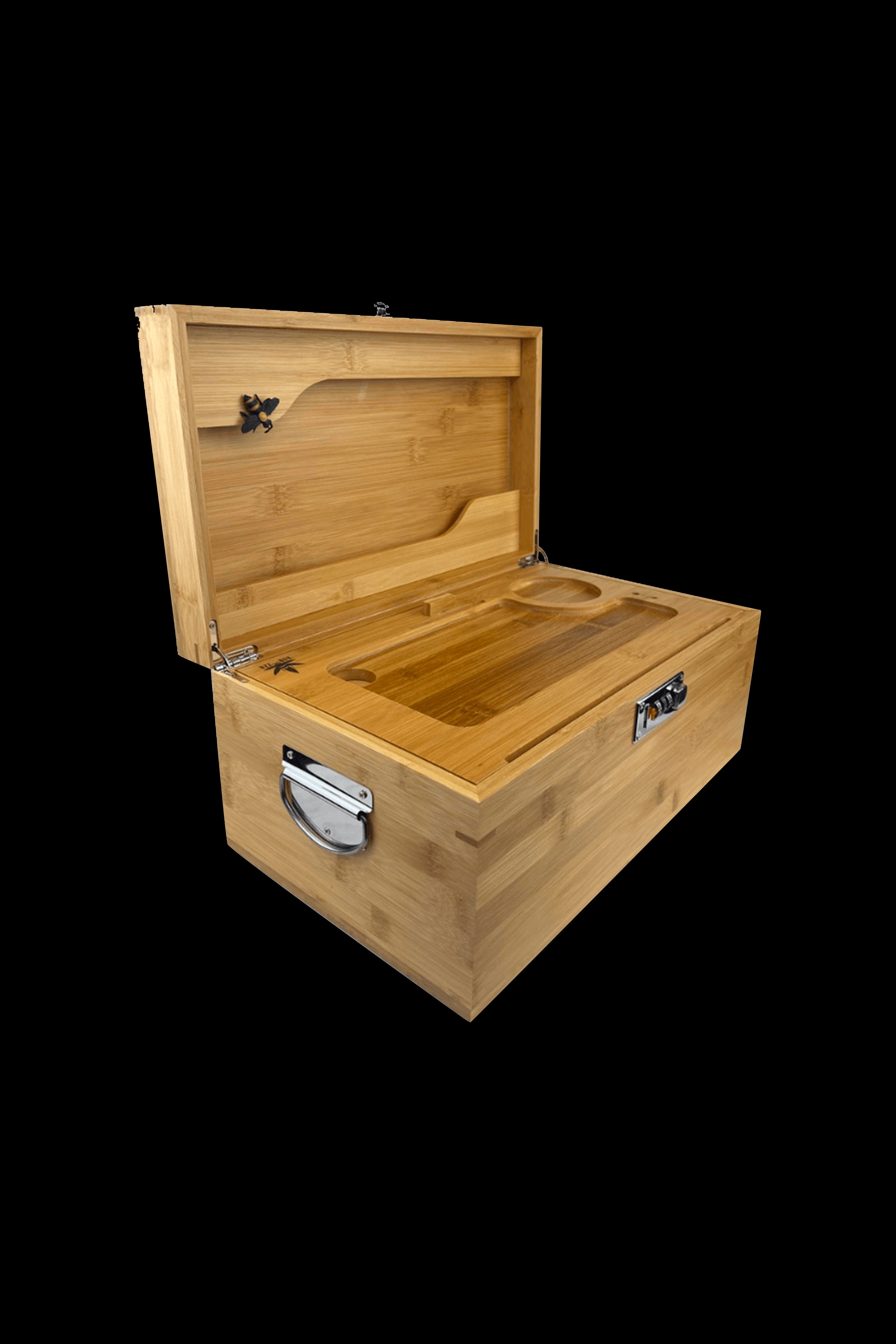 Wooden cannabis storage box with open lid and divided interior.