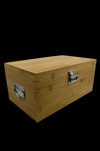 Bamboo smell-proof box with a combination lock.