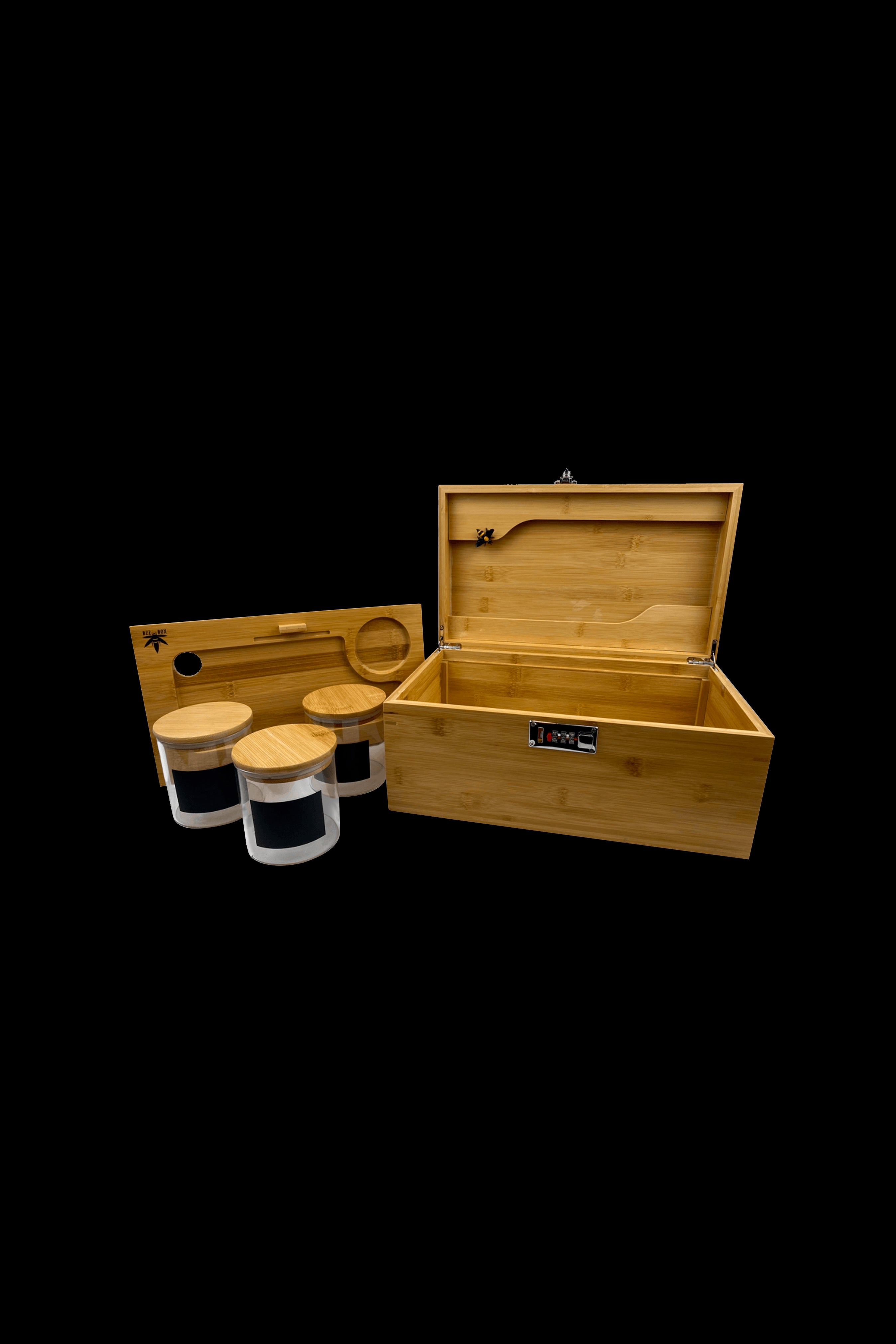 Wooden cannabis storage box with coaster set on a black background.