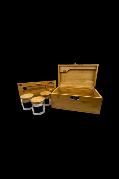 Wooden cannabis storage box with coaster set on a black background.