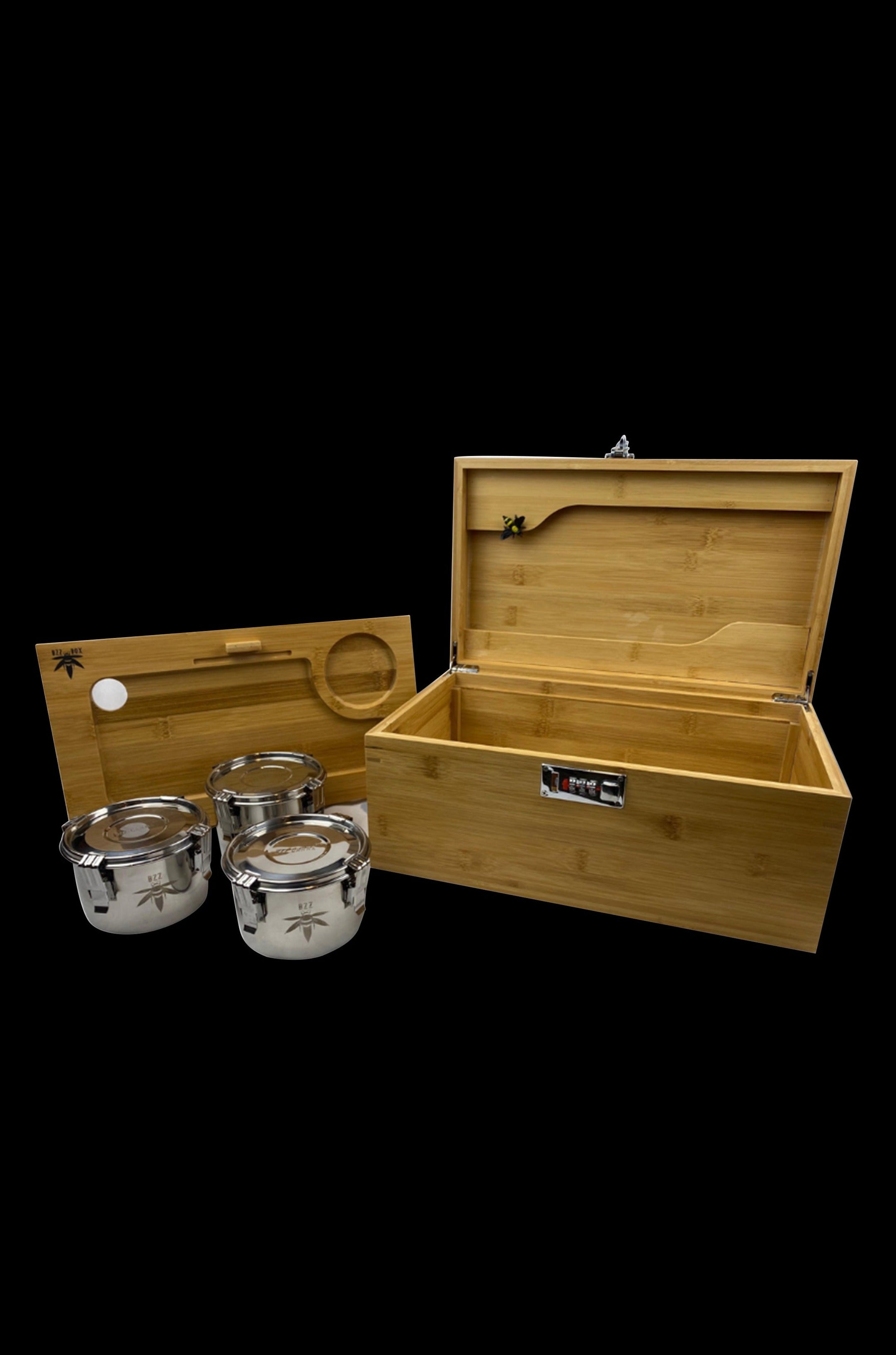 Wooden cannabis storage box with glass jars, open to reveal interior compartments.