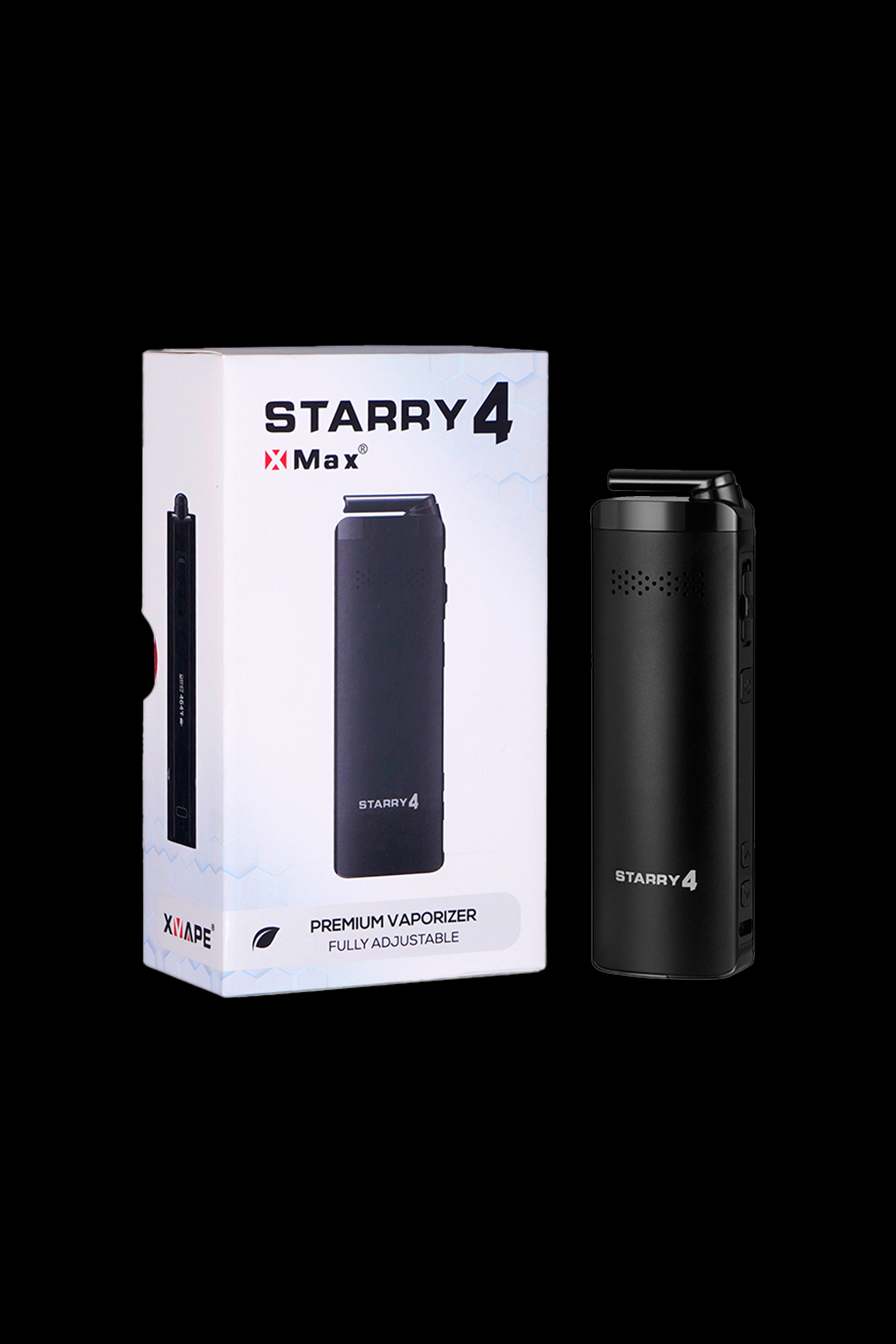 Product shot of a black XMAX V3 Pro Starry vaporizer pen and its retail packaging, labeled “Starry 4 Premium Vaporizer Fully Adjustable.”