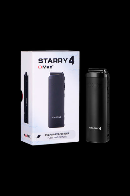 Product shot of a black XMAX V3 Pro Starry vaporizer pen and its retail packaging, labeled “Starry 4 Premium Vaporizer Fully Adjustable.”