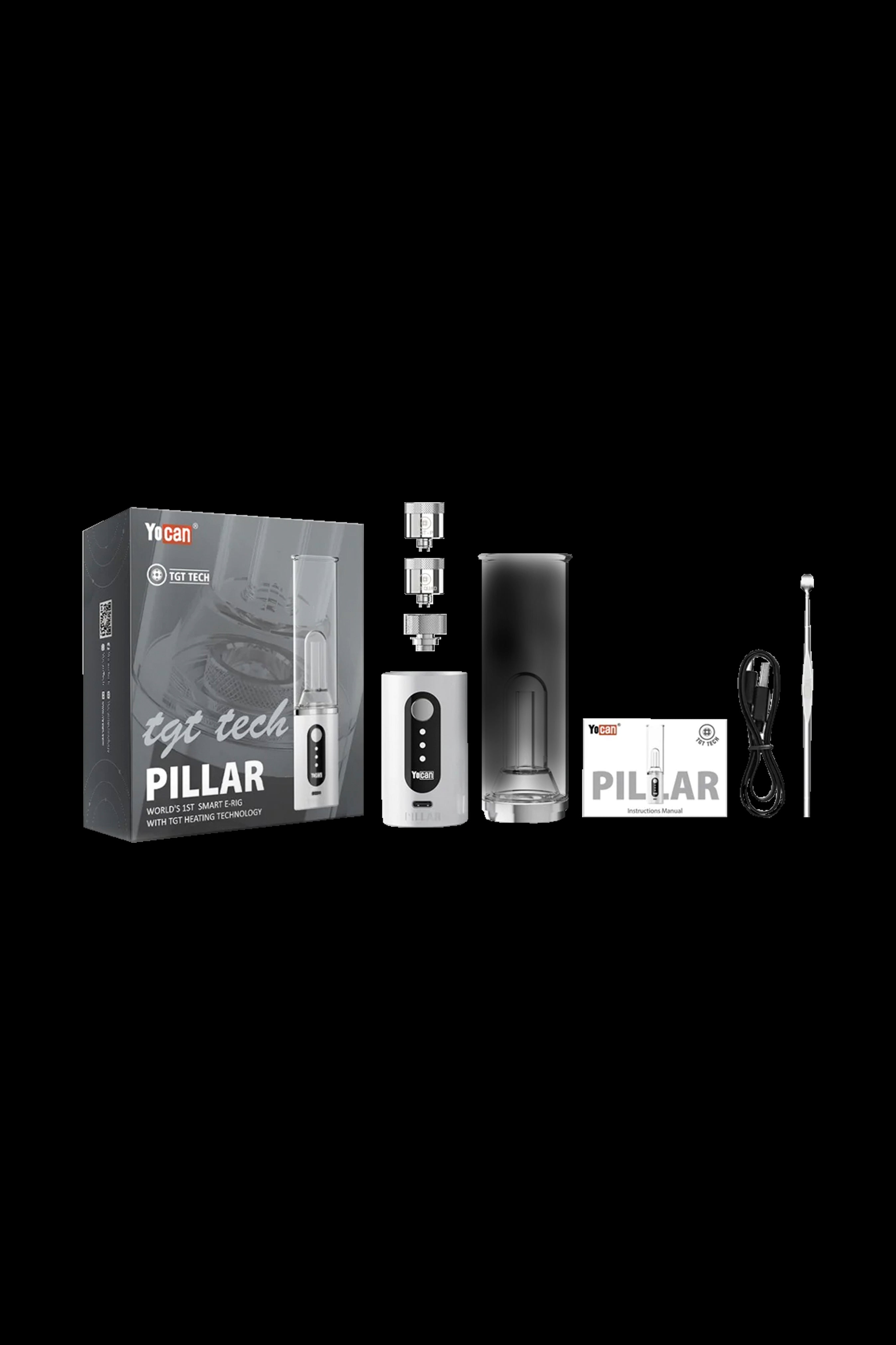 Yocan TGT Tech Pillar vaporizer kit with box, device, accessories, and instruction manual.