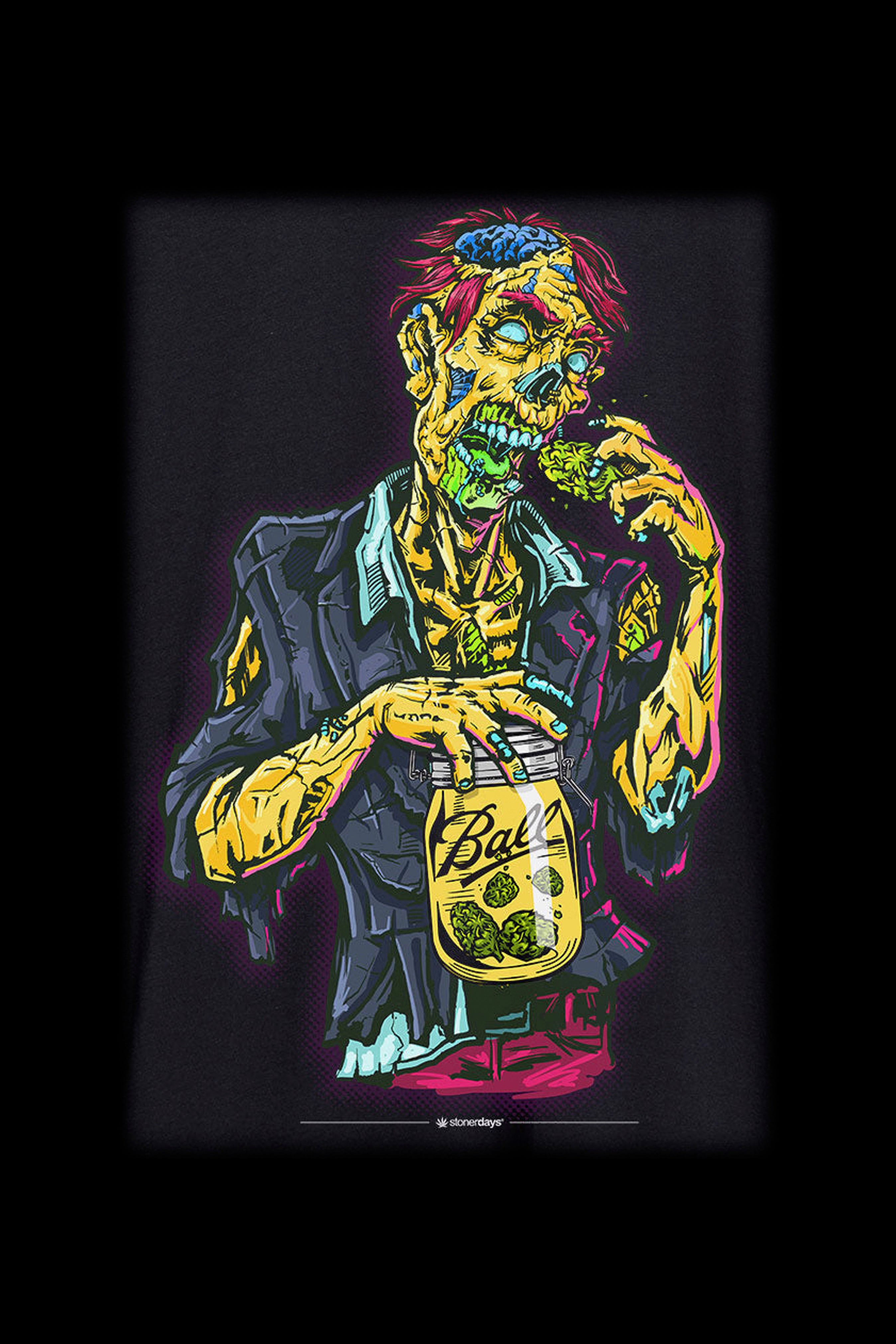 Cartoon illustration of a zombie in a suit holding a glass jar filled with cannabis buds.
