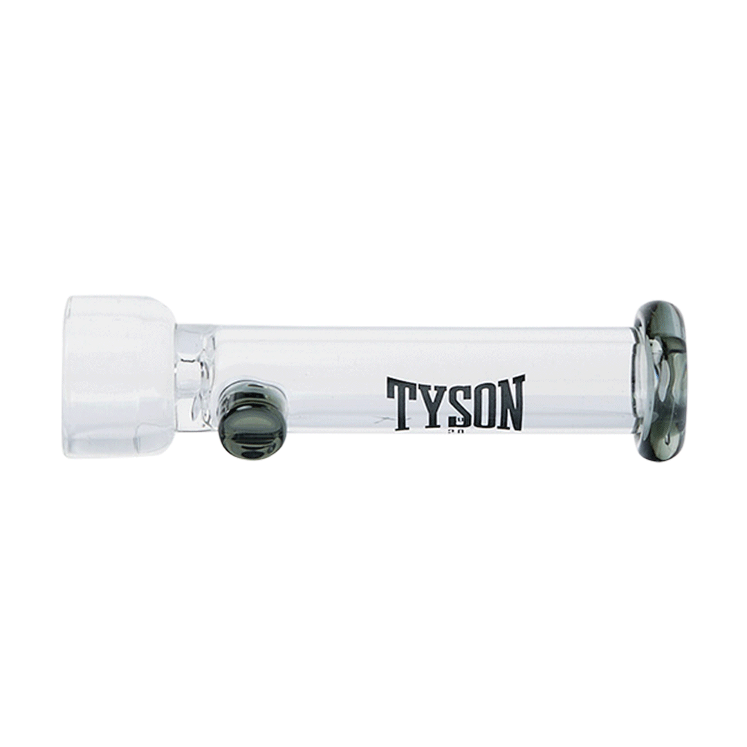 Sleek, black Tyson 2.0 Jab One Hitter pipe with metallic accents, shown against a dark background.