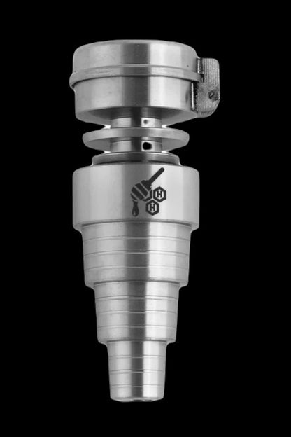 Silver cannabis dab rig attachment with a conical shape and branded logo.