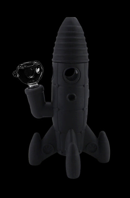 Black silicone rocket ship-shaped water pipe with glass bowl.