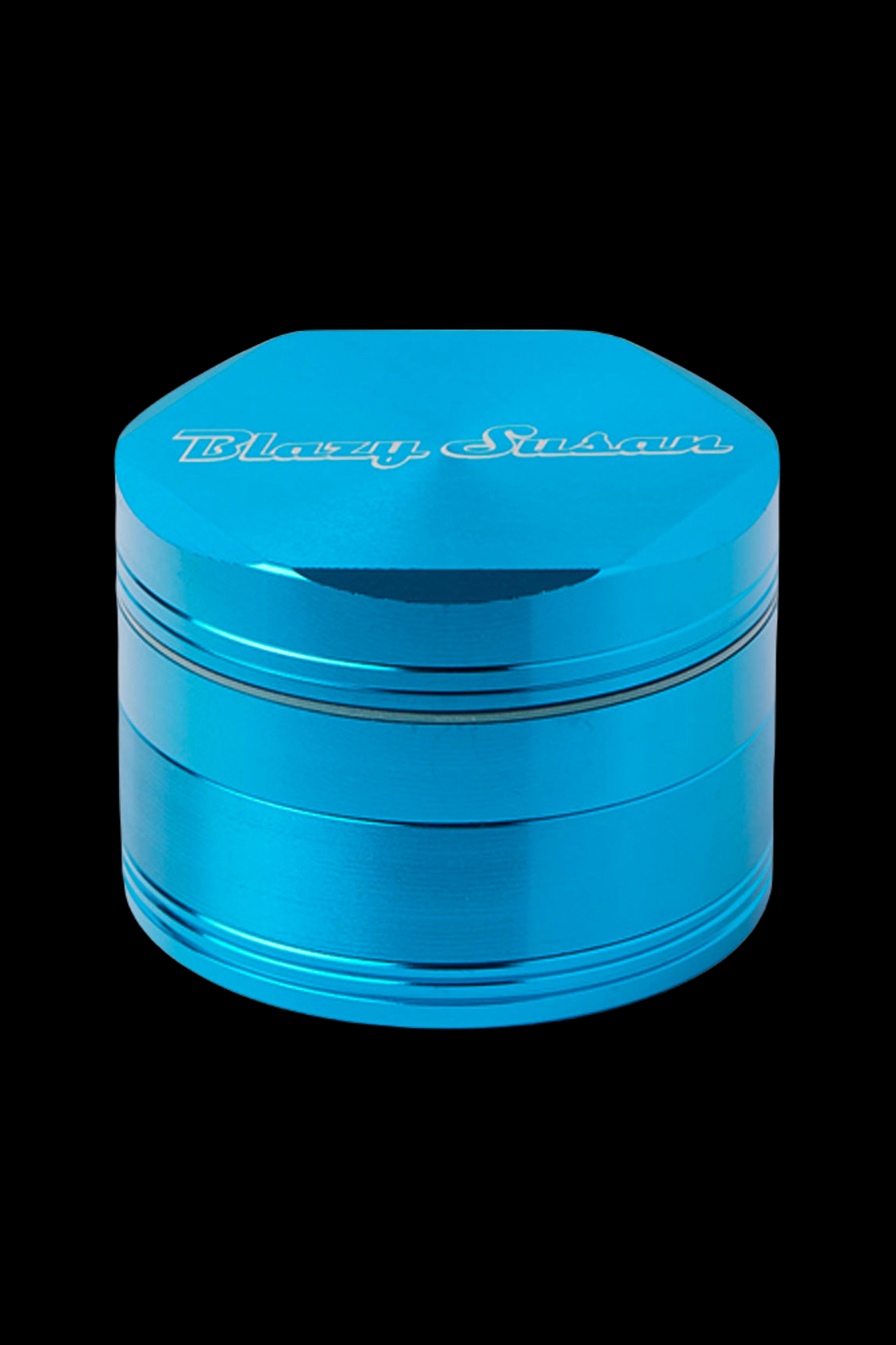 Blue four-piece metal cannabis grinder with “Planet Herb” logo.